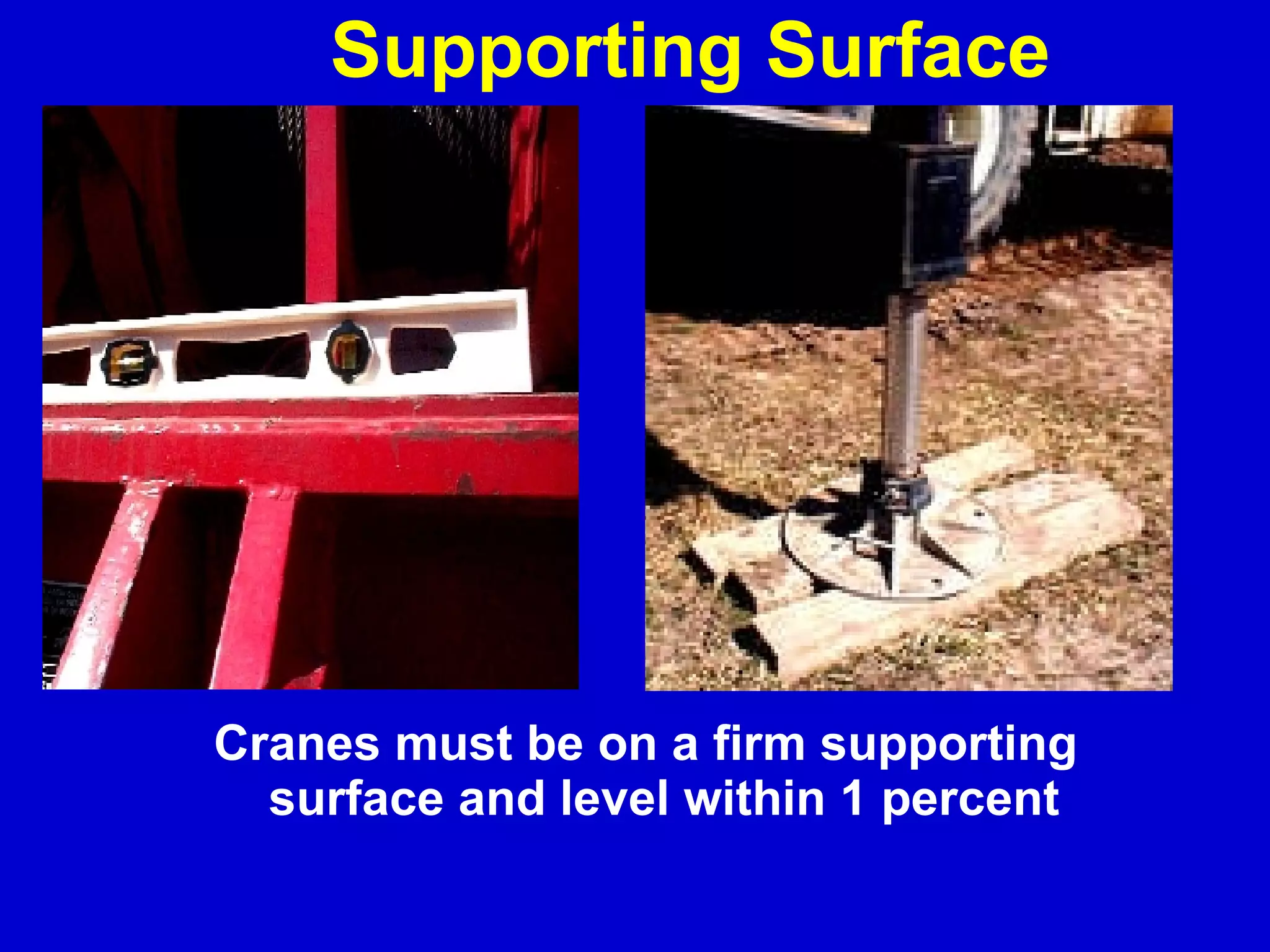 Supporting Surface Cranes must be on a firm supporting  surface and level within 1 percent 