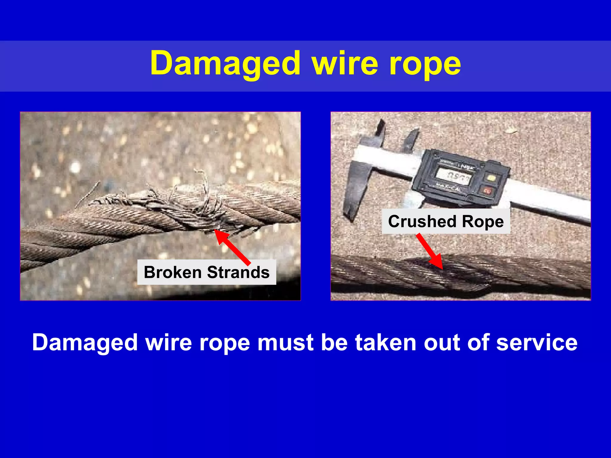 Damaged wire rope Broken Strands Damaged wire rope must be taken out of service Crushed Rope 