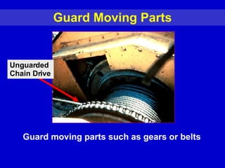 Guard Moving Parts Unguarded  Chain Drive Guard moving parts such as gears or belts 