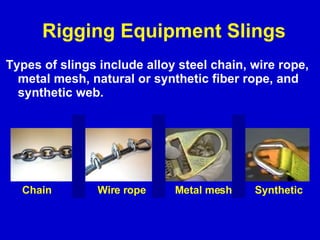 Rigging Equipment Slings Types of slings include alloy steel chain, wire rope, metal mesh, natural or synthetic fiber rope, and synthetic web. Chain Wire rope Metal mesh Synthetic 