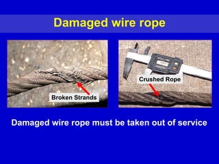 Damaged wire rope Broken Strands Damaged wire rope must be taken out of service Crushed Rope 