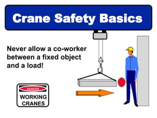 Crane Safety Basics
Never allow a co-worker
between a fixed object
and a load!
2
TON
DANGER
WORKING
CRANES
 