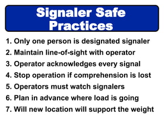 1. Only one person is designated signaler
2. Maintain line-of-sight with operator
3. Operator acknowledges every signal
4. Stop operation if comprehension is lost
5. Operators must watch signalers
6. Plan in advance where load is going
7. Will new location will support the weight
Signaler Safe
Practices
 