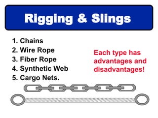 1. Chains
2. Wire Rope
3. Fiber Rope
4. Synthetic Web
5. Cargo Nets.
Rigging & Slings
Each type has
advantages and
disadvantages!
 