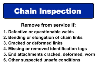 Remove from service if:
1. Defective or questionable welds
2. Bending or elongation of chain links
3. Cracked or deformed links
4. Missing or removed identification tags
5. End attachments cracked, deformed, worn
6. Other suspected unsafe conditions
Chain Inspection
 