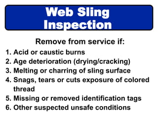 Remove from service if:
1. Acid or caustic burns
2. Age deterioration (drying/cracking)
3. Melting or charring of sling surface
4. Snags, tears or cuts exposure of colored
thread
5. Missing or removed identification tags
6. Other suspected unsafe conditions
Web Sling
Inspection
 