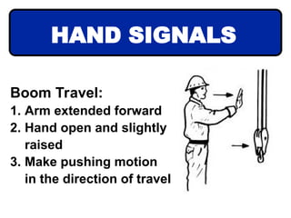 Boom Travel:
1. Arm extended forward
2. Hand open and slightly
raised
3. Make pushing motion
in the direction of travel
HAND SIGNALS
 
