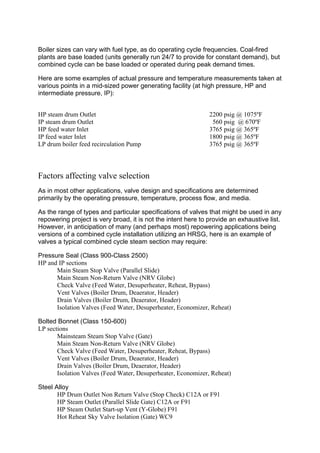 Boiler sizes can vary with fuel type, as do operating cycle frequencies. Coal-fired
plants are base loaded (units generally run 24/7 to provide for constant demand), but
combined cycle can be base loaded or operated during peak demand times.
Here are some examples of actual pressure and temperature measurements taken at
various points in a mid-sized power generating facility (at high pressure, HP and
intermediate pressure, IP):
HP steam drum Outlet 2200 psig @ 1075ºF
IP steam drum Outlet 560 psig @ 670ºF
HP feed water Inlet 3765 psig @ 365ºF
IP feed water Inlet 1800 psig @ 365ºF
LP drum boiler feed recirculation Pump 3765 psig @ 365ºF
Factors affecting valve selection
As in most other applications, valve design and specifications are determined
primarily by the operating pressure, temperature, process flow, and media.
As the range of types and particular specifications of valves that might be used in any
repowering project is very broad, it is not the intent here to provide an exhaustive list.
However, in anticipation of many (and perhaps most) repowering applications being
versions of a combined cycle installation utilizing an HRSG, here is an example of
valves a typical combined cycle steam section may require:
Pressure Seal (Class 900-Class 2500)
HP and IP sections
Main Steam Stop Valve (Parallel Slide)
Main Steam Non-Return Valve (NRV Globe)
Check Valve (Feed Water, Desuperheater, Reheat, Bypass)
Vent Valves (Boiler Drum, Deaerator, Header)
Drain Valves (Boiler Drum, Deaerator, Header)
Isolation Valves (Feed Water, Desuperheater, Economizer, Reheat)
Bolted Bonnet (Class 150-600)
LP sections
Mainsteam Steam Stop Valve (Gate)
Main Steam Non-Return Valve (NRV Globe)
Check Valve (Feed Water, Desuperheater, Reheat, Bypass)
Vent Valves (Boiler Drum, Deaerator, Header)
Drain Valves (Boiler Drum, Deaerator, Header)
Isolation Valves (Feed Water, Desuperheater, Economizer, Reheat)
Steel Alloy
HP Drum Outlet Non Return Valve (Stop Check) C12A or F91
HP Steam Outlet (Parallel Slide Gate) C12A or F91
HP Steam Outlet Start-up Vent (Y-Globe) F91
Hot Reheat Sky Valve Isolation (Gate) WC9
 