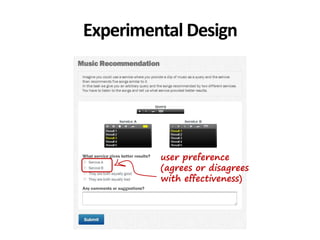 Experimental Design
user preference
(agrees or disagrees
with effectiveness)
 