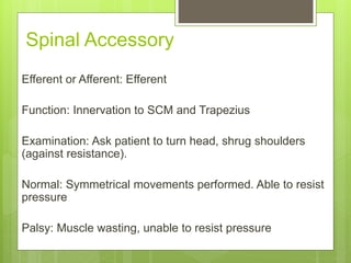 Spinal Accessory
Efferent or Afferent: Efferent
Function: Innervation to SCM and Trapezius
Examination: Ask patient to tur...