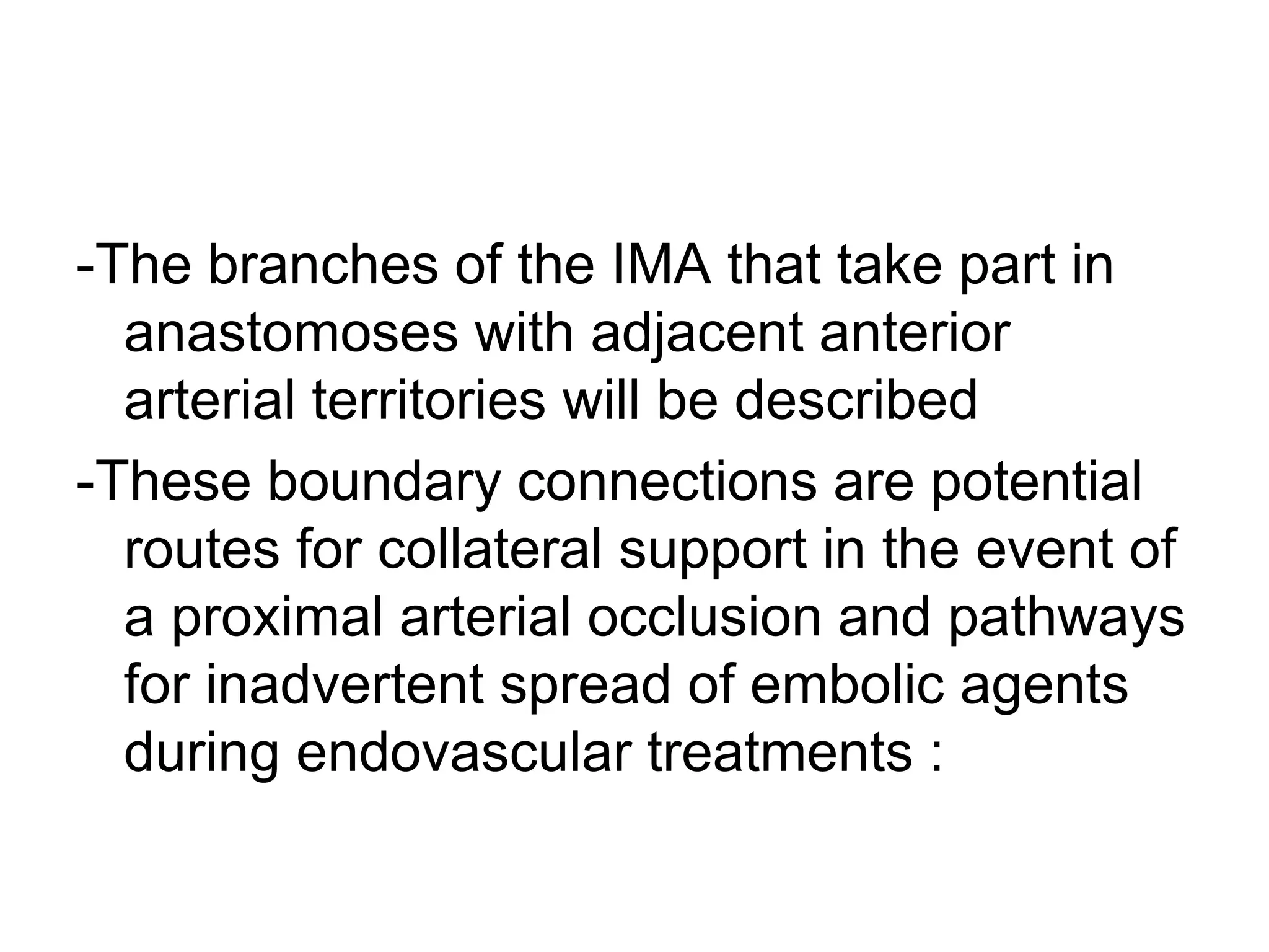 -The branches of the IMA that take part in
anastomoses with adjacent anterior
arterial territories will be described
-These boundary connections are potential
routes for collateral support in the event of
a proximal arterial occlusion and pathways
for inadvertent spread of embolic agents
during endovascular treatments :
 