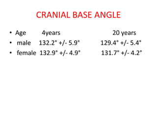 CRANIAL BASE ANGLE
• Age 4years 20 years
• male 132.2° +/- 5.9° 129.4° +/- 5.4°
• female 132.9° +/- 4.9° 131.7° +/- 4.2°
 