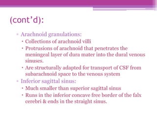 (cont’d):
▫ Arachnoid granulations:
 Collections of arachnoid villi
 Protrusions of arachnoid that penetrates the
meningeal layer of dura mater into the dural venous
sinuses.
 Are structurally adapted for transport of CSF from
subarachnoid space to the venous system
▫ Inferior sagittal sinus:
 Much smaller than superior sagittal sinus
 Runs in the inferior concave free border of the falx
cerebri & ends in the straight sinus.
 