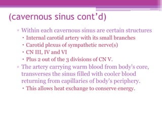 (cavernous sinus cont’d)
▫ Within each cavernous sinus are certain structures
 Internal carotid artery with its small branches
 Carotid plexus of sympathetic nerve(s)
 CN III, IV and VI
 Plus 2 out of the 3 divisions of CN V.
▫ The artery carrying warm blood from body's core,
transverses the sinus filled with cooler blood
returning from capillaries of body’s periphery.
 This allows heat exchange to conserve energy.
 