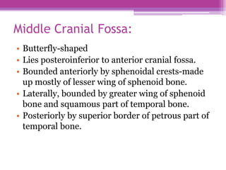Middle Cranial Fossa:
• Butterfly-shaped
• Lies posteroinferior to anterior cranial fossa.
• Bounded anteriorly by sphenoidal crests-made
up mostly of lesser wing of sphenoid bone.
• Laterally, bounded by greater wing of sphenoid
bone and squamous part of temporal bone.
• Posteriorly by superior border of petrous part of
temporal bone.
 