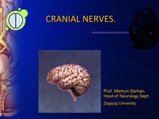 CRANIAL NERVES.




            Prof. Mamun Sarhan.
            Head of Neurology Dept.
            Zagazig University
 