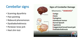 Cerebellar signs
• Scanning dysarthria
• Past pointing
• Rebound phenomenon
• Dysdiadochokinesia
• Pendular knee jerk
• Heel shin test
 
