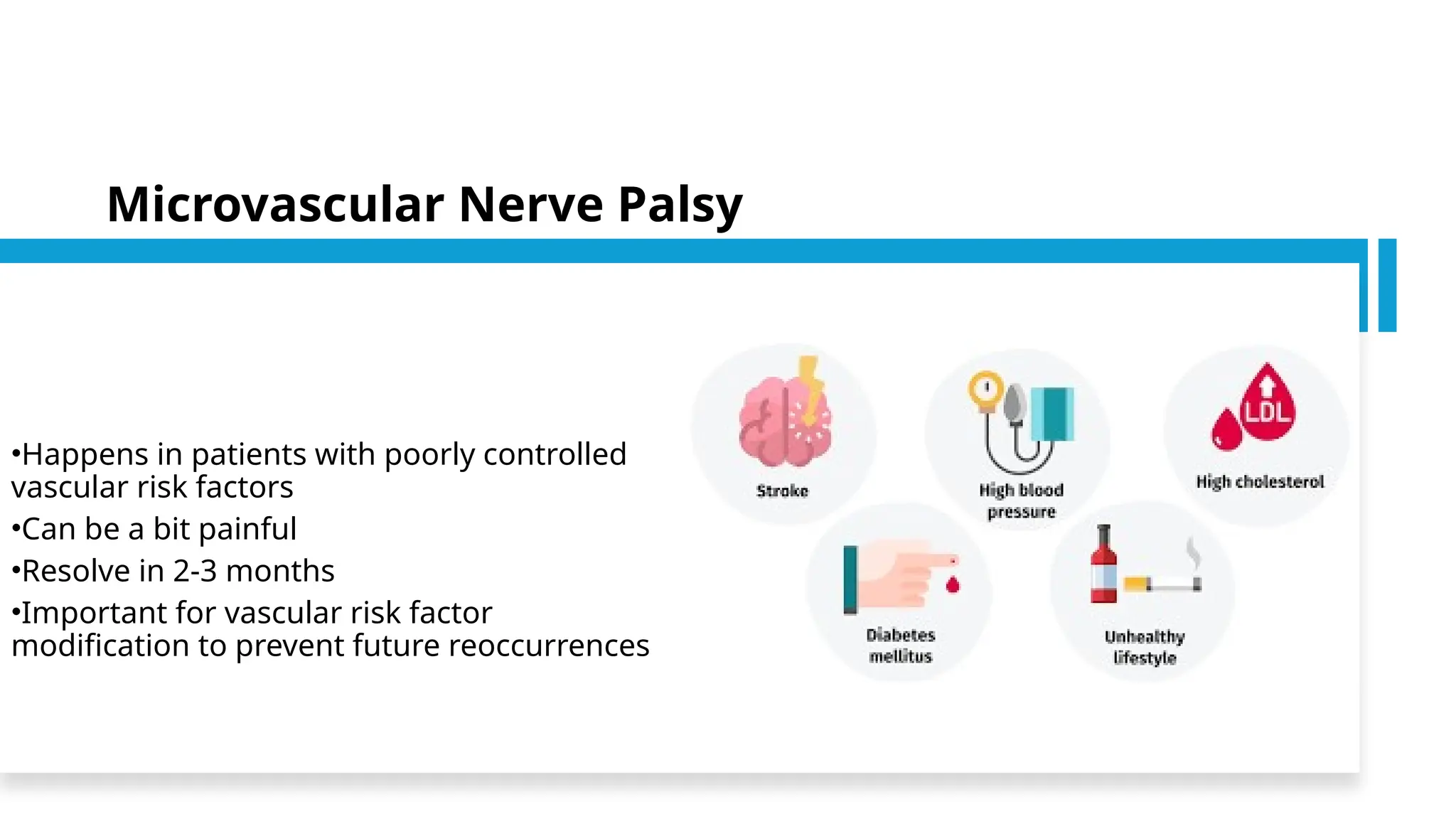 •Happens in patients with poorly controlled
vascular risk factors
•Can be a bit painful
•Resolve in 2-3 months
•Important for vascular risk factor
modification to prevent future reoccurrences
Microvascular Nerve Palsy
 