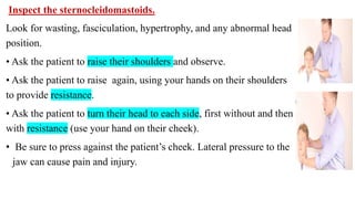 Inspect the sternocleidomastoids.
Look for wasting, fasciculation, hypertrophy, and any abnormal head
position.
• Ask the patient to raise their shoulders and observe.
• Ask the patient to raise again, using your hands on their shoulders
to provide resistance.
• Ask the patient to turn their head to each side, first without and then
with resistance (use your hand on their cheek).
• Be sure to press against the patient’s cheek. Lateral pressure to the
jaw can cause pain and injury.
 