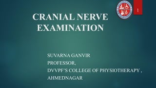 CRANIAL NERVE
EXAMINATION
SUVARNA GANVIR
PROFESSOR,
DVVPF’S COLLEGE OF PHYSIOTHERAPY ,
AHMEDNAGAR
1
 