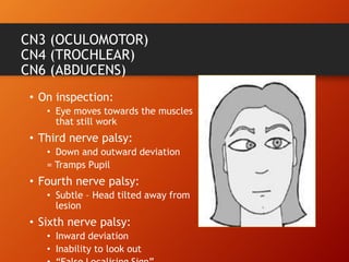 CN3 (OCULOMOTOR)
CN4 (TROCHLEAR)
CN6 (ABDUCENS)
• On inspection:
• Eye moves towards the muscles
that still work
• Third nerve palsy:
• Down and outward deviation
= Tramps Pupil
• Fourth nerve palsy:
• Subtle – Head tilted away from
lesion
• Sixth nerve palsy:
• Inward deviation
• Inability to look out
 