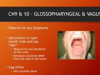 CN9 & 10 – GLOSSOPHARYNGEAL & VAGUS
• Observe for any dysphonia
• Ask patient to open
mouth wide and say
“aah”
• Observe for any deviation
of the uvula
• Deviation would be AWAY
from the side of the lesion
• Gag reflex
• Not routinely done
 