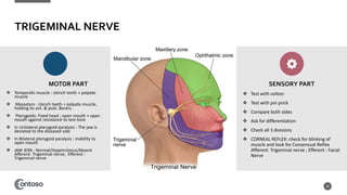 TRIGEMINAL NERVE
MOTOR PART
 Temporalis muscle : clench teeth + palpate
muscle
 Masseters : clench teeth + palpate muscle,
holding its ant. & post. Borers.
 Pterygoids: Fixed head ; open mouth + open
mouth against resistance to test tone
 In Unilateral pterygoid paralysis : The jaw is
deviated to the diseased side
 In Bilateral pterygoid paralysis : inability to
open mouth
 JAW JERK : Normal/Hypetrclonus/Absent
Afferent: Trigeminal nerve; Efferent :
Trigeminal nerve
SENSORY PART
 Test with cotton
 Test with pin prick
 Compare both sides
 Ask for differentiation
 Check all 3 divisions
 CORNEAL REFLEX: check for blinking of
muscle and look for Consensual Reflex
Afferent: Trigeminal nerve ; Efferent : Facial
Nerve
20
 