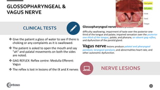 GLOSSOPHARYNGEAL &
VAGUS NERVE
CLINICALTESTS
 Give the patient a glass of water to see if there is
choking or any complaints as it is swallowed.
 The patient is asked to open the mouth and say
"ah" and palatal movements on both the sides
are noted.
 GAG REFLEX: Reflex centre: Medulla Efferent:
Vagus
 The reflex is lost in lesions of the IX and X nerves
Glossopharyngeal nerve lesions produce
difficulty swallowing; impairment of taste over the posterior one-
third of the tongue and palate; impaired sensation over the posterior
one-third of the tongue, palate, and pharynx; an absent gag reflex;
and dysfunction of the parotid gland.
Vagus nervelesions produce palatal and pharyngeal
paralysis; laryngeal paralysis; and abnormalities heart rate; and
other autonomic dysfunction.
NERVE LESIONS
24
 