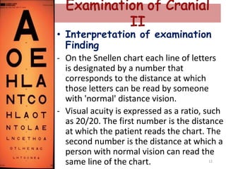 • Interpretation of examination
Finding
- On the Snellen chart each line of letters
is designated by a number that
corresponds to the distance at which
those letters can be read by someone
with 'normal' distance vision.
- Visual acuity is expressed as a ratio, such
as 20/20. The first number is the distance
at which the patient reads the chart. The
second number is the distance at which a
person with normal vision can read the
same line of the chart. 12
 