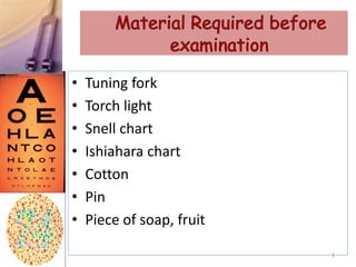 • Tuning fork
• Torch light
• Snell chart
• Ishiahara chart
• Cotton
• Pin
• Piece of soap, fruit
3
 