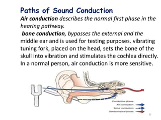 Paths of Sound Conduction
Air conduction describes the normal first phase in the
hearing pathway.
bone conduction, bypasses the external and the
middle ear and is used for testing purposes. vibrating
tuning fork, placed on the head, sets the bone of the
skull into vibration and stimulates the cochlea directly.
In a normal person, air conduction is more sensitive.
37
 