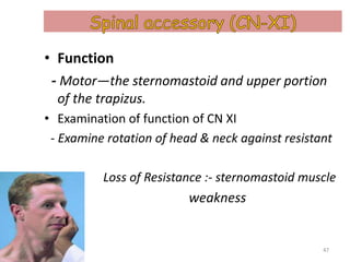 • Function
- Motor—the sternomastoid and upper portion
of the trapizus.
• Examination of function of CN XI
- Examine rotation of head & neck against resistant
Loss of Resistance :- sternomastoid muscle
weakness
47
 