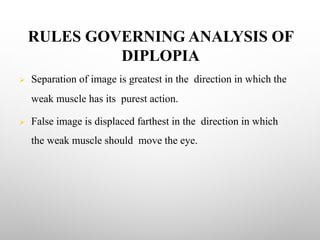 RULES GOVERNING ANALYSIS OF
DIPLOPIA
Ø Separation of image is greatest in the direction in which the
weak muscle has its purest action.
Ø False image is displaced farthest in the direction in which
the weak muscle should move the eye.
 