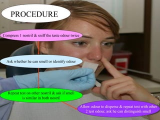 PROCEDURE
Compress 1 nostril & sniff the taste odour twice
Ask whether he can smell or identify odour
Repeat test on other nostril & ask if smell
is similar in both nostril
Allow odour to disperse & repeat test with other
2 test odour, ask he can distinguish smell
 