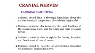 CRANIAL NERVES
1. Students should have a thorough knowledge about the
various functional components of cranial nerve(s) nuclei.
2. Students should be able to identify the exact locations of
the cranial nerve nuclei and the origin and exits of cranial
nerves .
3. Students should be able to explain the Course, Branches
and functions of all cranial nerves.
4. Students should be Describe the dysfunctions associated
with lesions of each cranial nerve.
LEARNING OBJECTIVES:
 