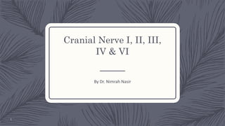 Cranial Nerve I, II, III,
IV & VI
By Dr. Nimrah Nasir
1
 