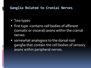 Ganglia Related to Cranial Nerves


 Two types
 first type -contains cell bodies of afferent
  (somatic or visceral) axons within the cranial
  nerves.
 somewhat analogous to the dorsal root
  ganglia that contain the cell bodies of sensory
  axons within peripheral nerves.
 