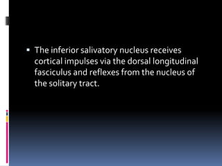  The inferior salivatory nucleus receives
  cortical impulses via the dorsal longitudinal
  fasciculus and reflexes from the nucleus of
  the solitary tract.
 