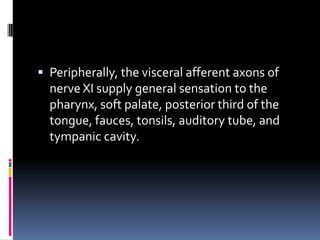  Peripherally, the visceral afferent axons of
  nerve XI supply general sensation to the
  pharynx, soft palate, posterior third of the
  tongue, fauces, tonsils, auditory tube, and
  tympanic cavity.
 