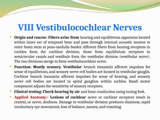 VIII Vestibulocochlear Nerves
 Origin and course: Fibers arise from hearing and equilibrium apparatus located
within inner ear of temporal bone and pass through internal acoustic meatus to
enter brain stem at pons-medulla border. Afferent fibers from hearing receptors in
cochlea form the cochlear division; those from equilibrium receptors in
semicircular canals and vestibule form the vestibular division (vestibular nerve).
The two divisions merge to form vestibulocochlear nerve.
 Function: Mostly sensory. Vestibular branch transmits afferent impulses for
sense of equilibrium, and sensory nerve cell bodies are located in vestibular ganglia.
Cochlear branch transmits afferent impulses for sense of hearing, and sensory
nerve cell bodies are located in spiral ganglion within cochlea. Small motor
component adjusts the sensitivity of sensory receptors.
 Clinical testing: Check hearing by air and bone conduction using tuning fork.
 Applied Anatomy:- Lesions of cochlear nerve or cochlear receptors result in
central, or nerve, deafness. Damage to vestibular division produces dizziness, rapid
involuntary eye movements, loss of balance, nausea, and vomiting.
 