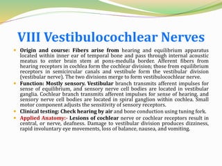 VIII Vestibulocochlear Nerves
 Origin and course: Fibers arise from hearing and equilibrium apparatus
located within inner ear of temporal bone and pass through internal acoustic
meatus to enter brain stem at pons-medulla border. Afferent fibers from
hearing receptors in cochlea form the cochlear division; those from equilibrium
receptors in semicircular canals and vestibule form the vestibular division
(vestibular nerve). The two divisions merge to form vestibulocochlear nerve.
 Function: Mostly sensory. Vestibular branch transmits afferent impulses for
sense of equilibrium, and sensory nerve cell bodies are located in vestibular
ganglia. Cochlear branch transmits afferent impulses for sense of hearing, and
sensory nerve cell bodies are located in spiral ganglion within cochlea. Small
motor component adjusts the sensitivity of sensory receptors.
 Clinical testing: Check hearing by air and bone conduction using tuning fork.
 Applied Anatomy:- Lesions of cochlear nerve or cochlear receptors result in
central, or nerve, deafness. Damage to vestibular division produces dizziness,
rapid involuntary eye movements, loss of balance, nausea, and vomiting.
 