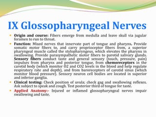 IX Glossopharyngeal Nerves
 Origin and course: Fibers emerge from medulla and leave skull via jugular
foramen to run to throat.
 Function: Mixed nerves that innervate part of tongue and pharynx. Provide
somatic motor fibers to, and carry proprioceptor fibers from, a superior
pharyngeal muscle called the stylopharyngeus, which elevates the pharynx in
swallowing. Provide parasympathetic motor fibers to parotid salivary glands.
Sensory fibers conduct taste and general sensory (touch, pressure, pain)
impulses from pharynx and posterior tongue, from chemoreceptors in the
carotid body (which monitor O2 and CO2 levels in the blood and help regulate
respiratory rate and depth), and from baroreceptors of carotid sinus (which
monitor blood pressure). Sensory neuron cell bodies are located in superior
and inferior ganglia.
 Clinical testing: Check position of uvula; check gag and swallowing reflexes.
Ask subject to speak and cough. Test posterior third of tongue for taste.
 Applied Anatomy:- Injured or inflamed glossopharyngeal nerves impair
swallowing and taste.
 