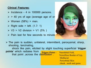 Clinical Features:
 Incidence - 4 in 100000 persons.
 > 40 yrs of age (average age of onset 50 yrs).
 Women (58%) > men.
 Right side > left. (1.7: 1)
 V3 > V2 division > V1 (5% )
 Pain last for few seconds to minute.
Trigger Points - Nasolabial Fold,
Vermillion Border of Lip,
Midfacial
Periorbital Skin
cheek , teeth and gums
 The pain is sudden, unilateral, intermittent, paroxysmal, sharp,
shooting, lancinating,
shock like pain, elicited by slight touching superficial ‘trigger
points’ which radiates from
that point ,across the distribution .
 