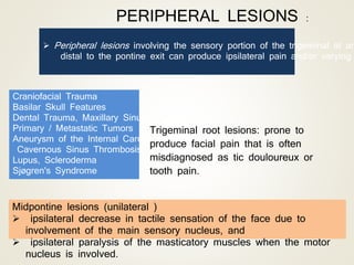  Peripheral lesions involving the sensory portion of the trigeminal at an
distal to the pontine exit can produce ipsilateral pain and/or varying
Craniofacial Trauma
Basilar Skull Features
Dental Trauma, Maxillary Sinusitis
Primary / Metastatic Tumors
Aneurysm of the Internal Carotid Artery
Cavernous Sinus Thrombosis
Lupus, Scleroderma
Sjøgren's Syndrome
PERIPHERAL LESIONS :
Trigeminal root lesions: prone to
produce facial pain that is often
misdiagnosed as tic douloureux or
tooth pain.
Midpontine lesions (unilateral )
 ipsilateral decrease in tactile sensation of the face due to
involvement of the main sensory nucleus, and
 ipsilateral paralysis of the masticatory muscles when the motor
nucleus is involved.
 