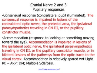 Cranial Nerve 2 and 3
Pupillary responses
•Consensual response (contralateral pupil illuminated). The
consensual response is impaired in lesions of the
contralateral optic nerve, the pretectal area, the ipsilateral
parasympathetics traveling in CN III, or the pupillary
constrictor muscle.
•Accommodation (response to looking at something moving
toward the eye). Accommodation is impaired in lesions of
the ipsilateral optic nerve, the ipsilateral parasympathetics
traveling in CN III, or the pupillary constrictor muscle, or in
bilateral lesions of the pathways from the optic tracts to the
visual cortex. Accommodation is relatively spared wrt Light
Rf. – ARP; DM; Multiple Sclerosis.
http://www.neuroexam.com/
 