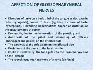 AFFECTION OF GLOSSOPHARYNGEAL
NERVES
• Disorders of taste on a back third of the tongue as decrease in
taste (hypogeisia), losses of taste (ageisia), increase of taste
(hypergeisia). Flavouring hallucinations appear at irritation of
the gustatory area at cortex
• Dry mouth, due to the denervation of the parotid gland
• Anesthesia of the gullet and weakening of reflexes
(pharyngeal and palate) on the affected side
• The paralysis of the soft palate on the affected side
• Deviations of the uvula to the healthy side
• Choke at swallowing, the food gets into the nasopharynx and
a nose (disfagia)
• The speech acquires nasal tone of a voice (disfonia)
 