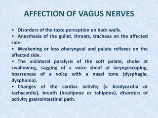 AFFECTION OF VAGUS NERVES
• Disorders of the taste perception on back walls.
• Anesthesia of the gullet, throats, tracheas on the affected
side.
• Weakening or loss pharyngeal and palate reflexes on the
affected side.
• The unilateral paralysis of the soft palate, choke at
swallowing, sagging of a voice sheaf at laryngoscoping,
hoarseness of a voice with a nasal tone (dysphagia,
dysphonia).
• Changes of the cardiac activity (a bradycardia or
tachycardia), breath (bradipnoe or tahipnoe), disorders of
activity gastrointestinal path.
 