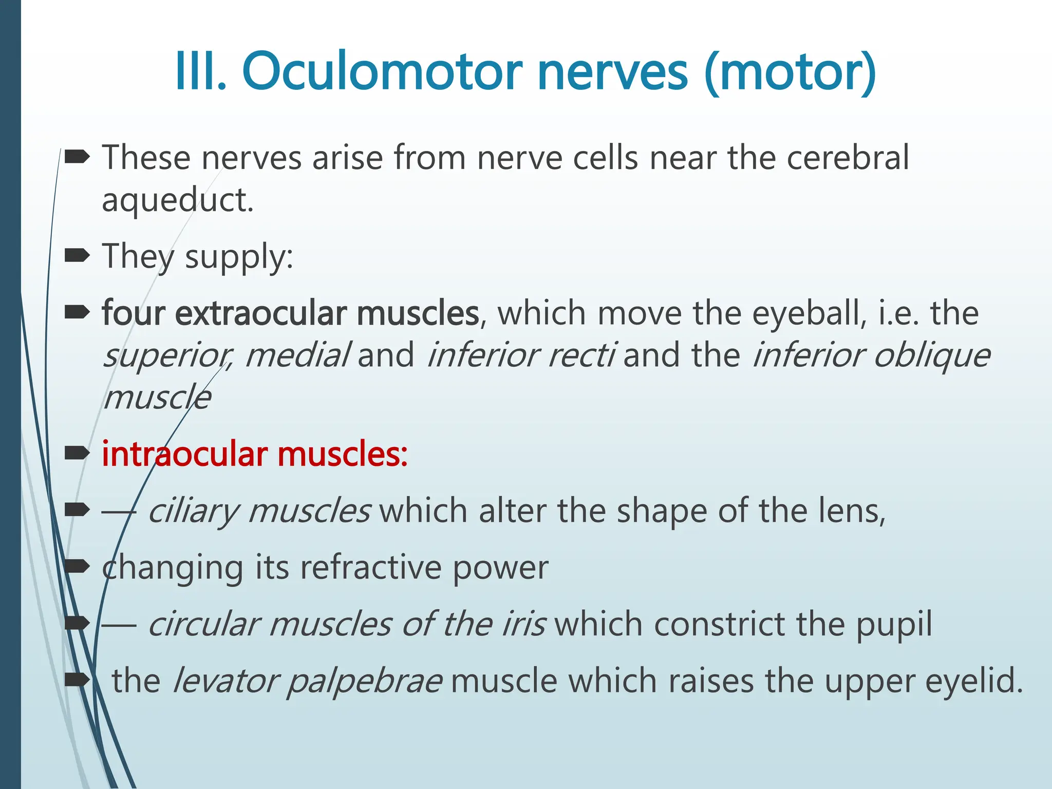 III. Oculomotor nerves (motor)
 These nerves arise from nerve cells near the cerebral
aqueduct.
 They supply:
 four extraocular muscles, which move the eyeball, i.e. the
superior, medial and inferior recti and the inferior oblique
muscle
 intraocular muscles:
 — ciliary muscles which alter the shape of the lens,
 changing its refractive power
 — circular muscles of the iris which constrict the pupil
 the levator palpebrae muscle which raises the upper eyelid.
 