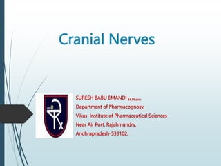 Cranial Nerves
SURESH BABU EMANDI M.Pharm
Department of Pharmacognosy,
Vikas Institute of Pharmaceutical Sciences
Near Air Port, Rajahmundry,
Andhrapradesh-533102.
 