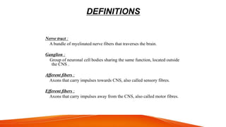DEFINITIONS
Nerve tract :
A bundle of myelinated nerve fibers that traverses the brain.
Ganglion :
Group of neuronal cell bodies sharing the same function, located outside
the CNS .
Afferent fibers :
Axons that carry impulses towards CNS, also called sensory fibres.
Efferent fibers :
Axons that carry impulses away from the CNS, also called motor fibres.
 